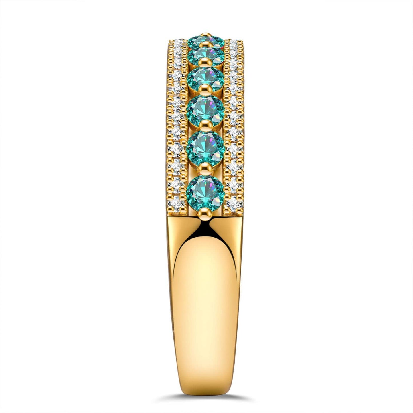 Round Brilliant Cut Electric Lagoon Hue Lab-Certified Paraiba Tourmaline - Half Eternity Ring 14K Yellow Gold Plated (Includes GRC Certification from Gemstone Research Center)