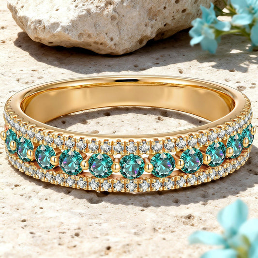 gona- Round Brilliant Cut Electric Lagoon Hue Lab-Certified Paraiba Tourmaline - Half Eternity Ring 14K Yellow Gold Plated (Includes GRC Certification from Gemstone Research Center)