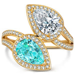 2.20 ct Lab-Grown Pear Brilliant Cut Paraiba and Pear Brilliant Cut Cubic Zirconia - Two Stone Classic Engagement Ring 14K Yellow Gold Plated (Includes GRC Certification from Gemstone Research Center)