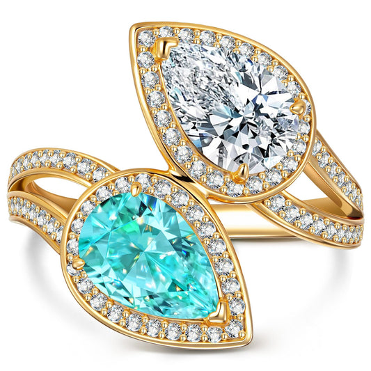 gon- 2.20 ct Lab-Grown Pear Brilliant Cut Paraiba and Pear Brilliant Cut Cubic Zirconia - Two Stone Classic Engagement Ring 14K Yellow Gold Plated (Includes GRC Certification from Gemstone Research Center)