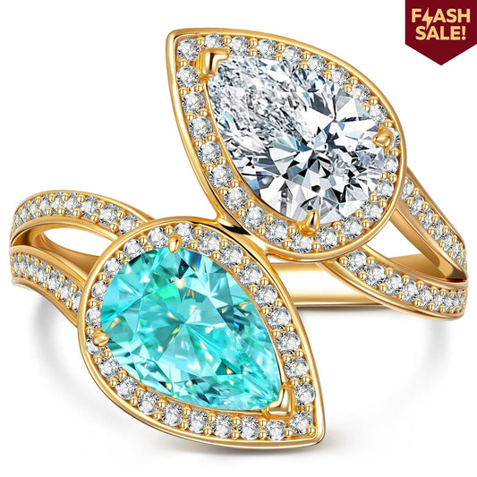 gon- 2.20 ct Lab-Grown Pear Brilliant Cut Paraiba and Pear Brilliant Cut Cubic Zirconia - Two Stone Classic Engagement Ring 14K Yellow Gold Plated (Includes GRC Certification from Gemstone Research Center)