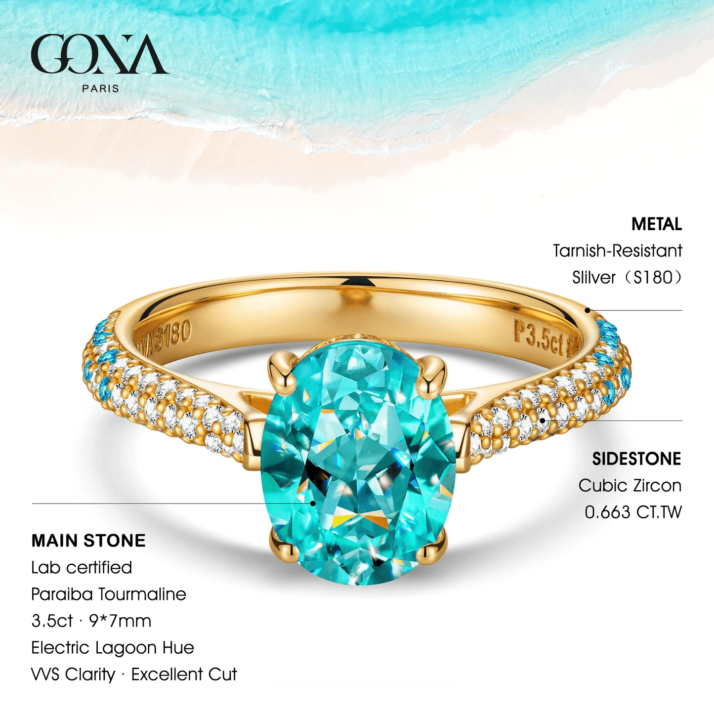 Oval Brilliant Cut Electric Lagoon Hue Lab-Certified Paraiba Tourmaline - Halo Classic Engagement Ring 14K Yellow Gold Plated (Includes GRC Certification from Gemstone Research Center)