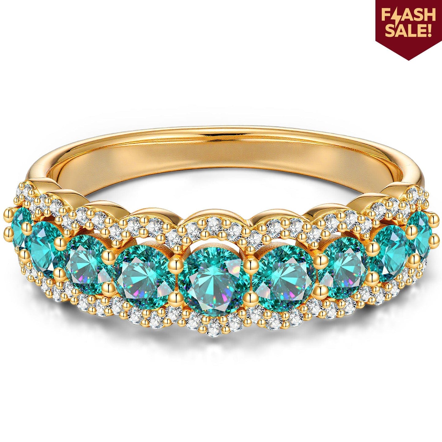 Round Brilliant Cut Electric Lagoon Hue Lab-Certified Paraiba Tourmaline - Half Eternity Ring 14K Yellow Gold Plated (Includes GRC Certification from Gemstone Research Center)