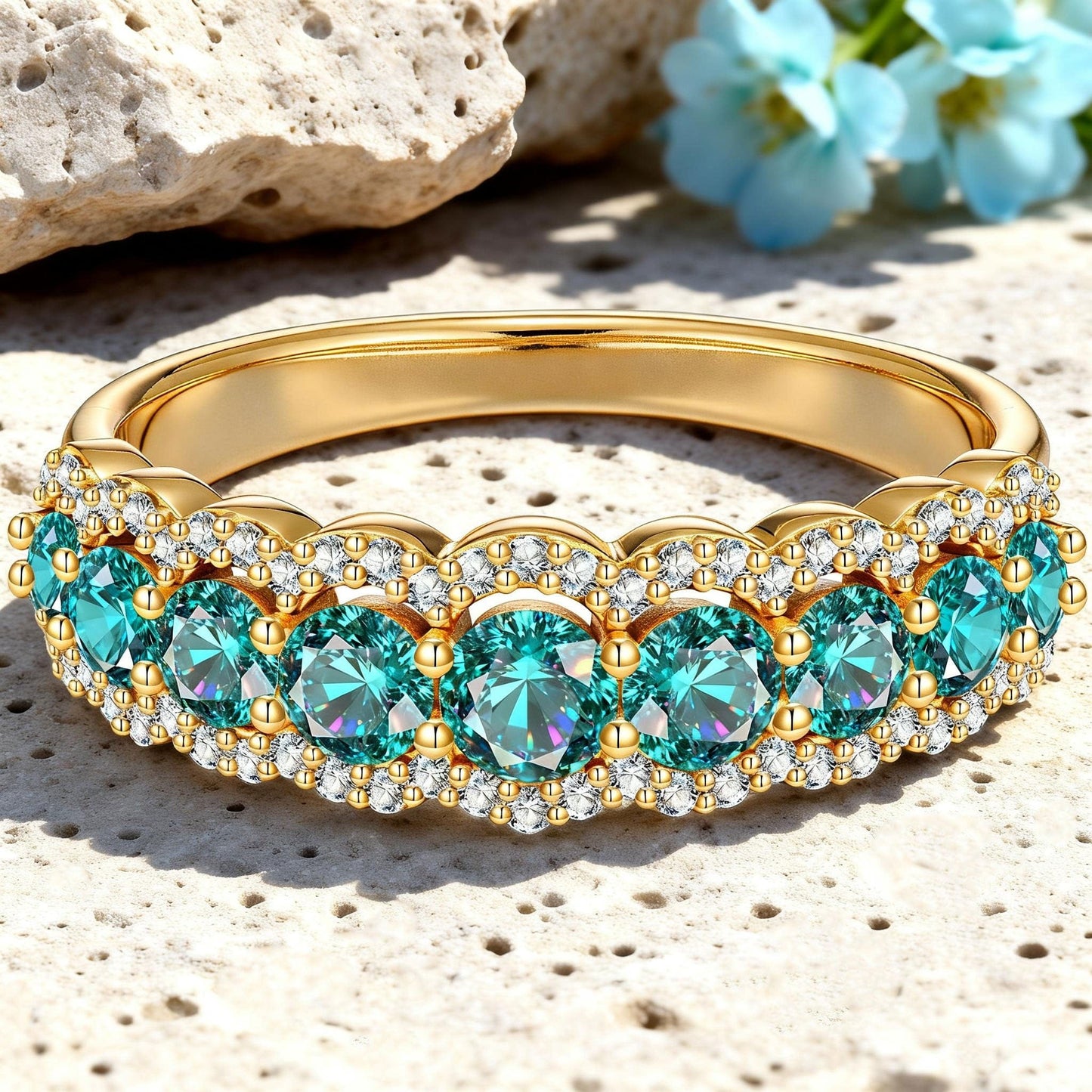 Round Brilliant Cut Electric Lagoon Hue Lab-Certified Paraiba Tourmaline - Half Eternity Ring 14K Yellow Gold Plated (Includes GRC Certification from Gemstone Research Center)
