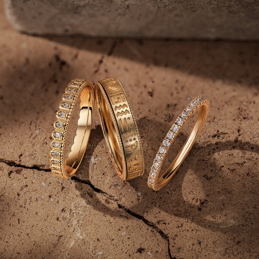 gona- The Destiny Band Ring Round Brilliant Cut Diamond White Lab Zircon Stackable Rings Set Wedding Rings - Forever Wedding Bands 14K Yellow Gold Plated