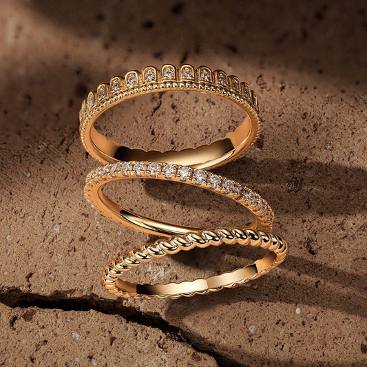 gona- The Destiny Band Ring Round Brilliant Cut Diamond White Lab Zircon Stackable Rings Set Wedding Rings - Forever Wedding Bands 14K Yellow Gold Plated