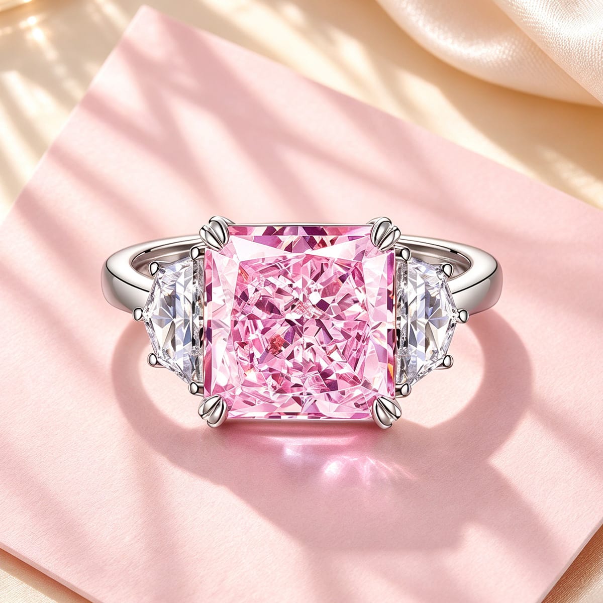 Radiant Modified Brilliant Cut Fancy Vivid Pink Ice-Frosted Sparkle Lab Zircon - Three Stone Classic Engagement Ring White Gold Plated