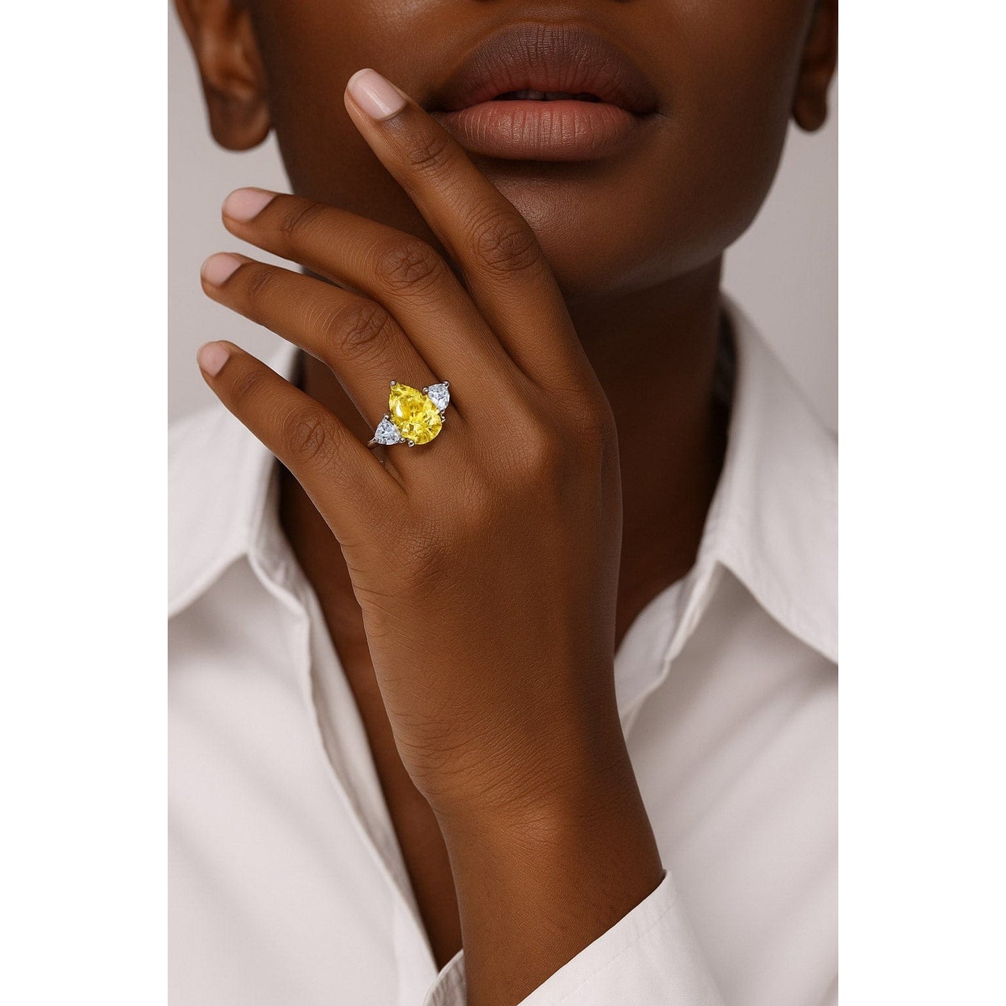 Pear Modified Brilliant Cut Fancy Vivid Yellow Ice-Frosted Sparkle Lab Zircon - Three Stone Classic Engagement Ring White Gold Plated