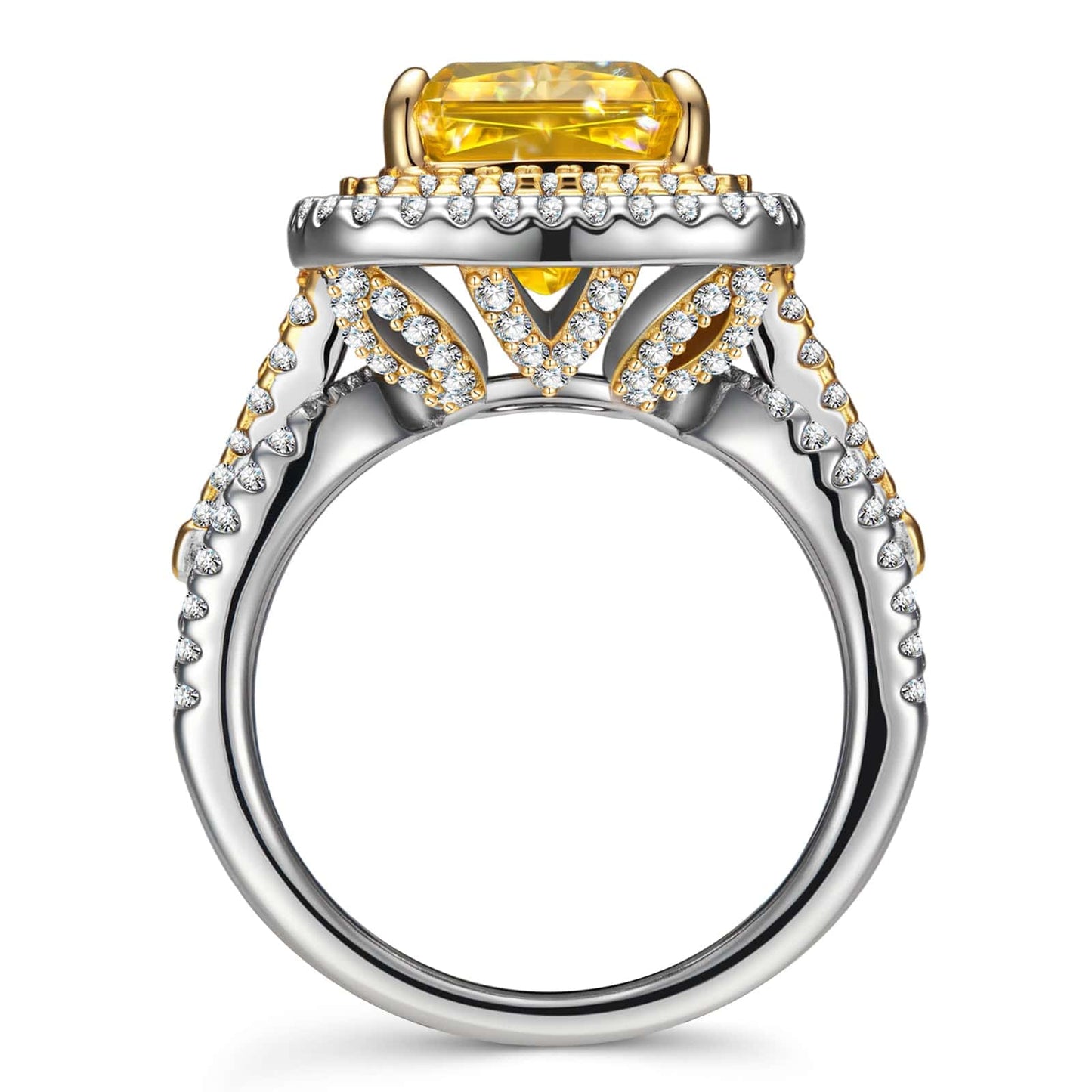 Radiant Modified Brilliant Cut Fancy Vivid Yellow Ice-Frosted Sparkle Lab Zircon - Halo Classic Engagement Ring White Gold Plated