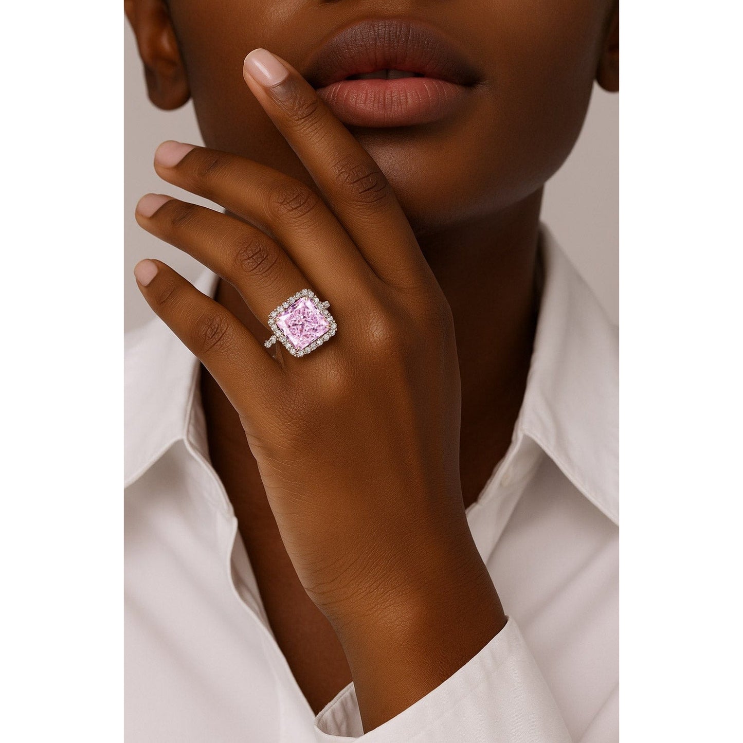 Radiant Modified Brilliant Cut Fancy Vivid Pink Ice-Frosted Sparkle Lab Zircon - Halo Classic Engagement Ring White Gold Plated