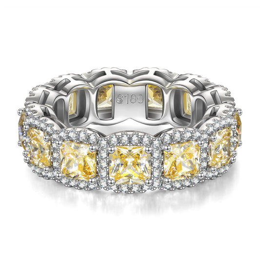 gona- Radiant IceScape Crystal Cut Fancy Vivid Yellow Frostfire Zirconia - Eternity Ring White Gold Plated