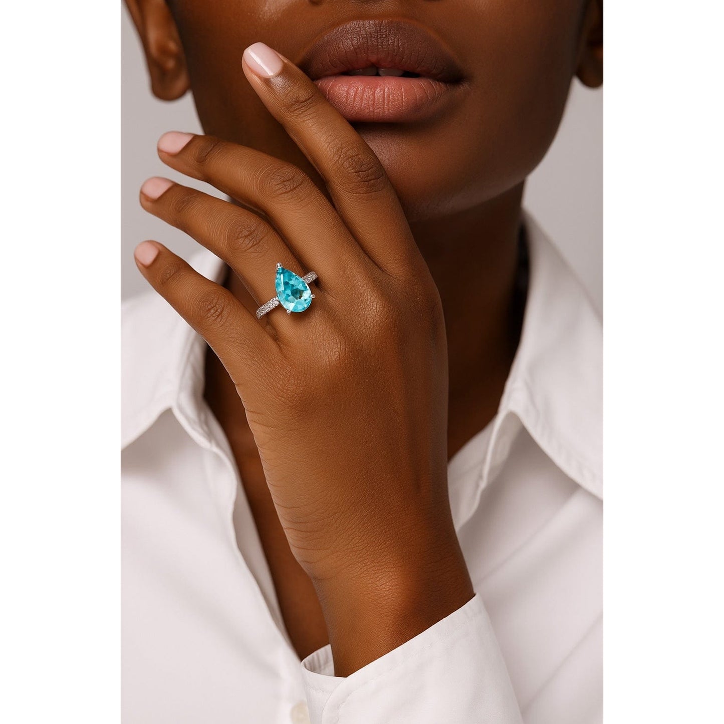 8*12mm Pear Modified Brilliant Cut Fancy Vivid Blue Ice-Frosted Sparkle Lab Zircon - Pave Classic Engagement Ring White Gold Plated