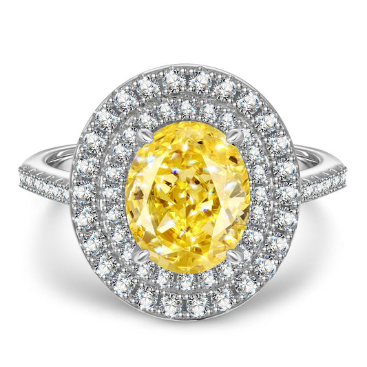 gona- 8*10mm Oval Modified Brilliant Cut Fancy Vivid Yellow Ice-Frosted Sparkle Lab Zircon - Halo Classic Engagement Ring White Gold Plated