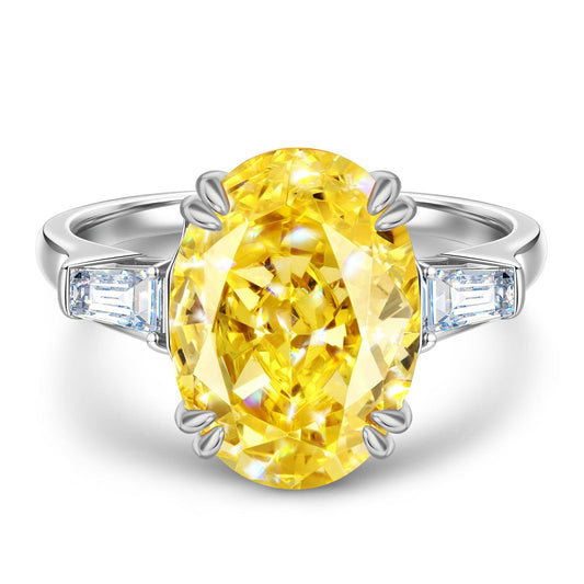 gon- 10*14mm Oval Modified Brilliant Cut Fancy Vivid Yellow Ice-Frosted Sparkle Lab Zircon - Three Stone Classic Engagement Ring White Gold Plated