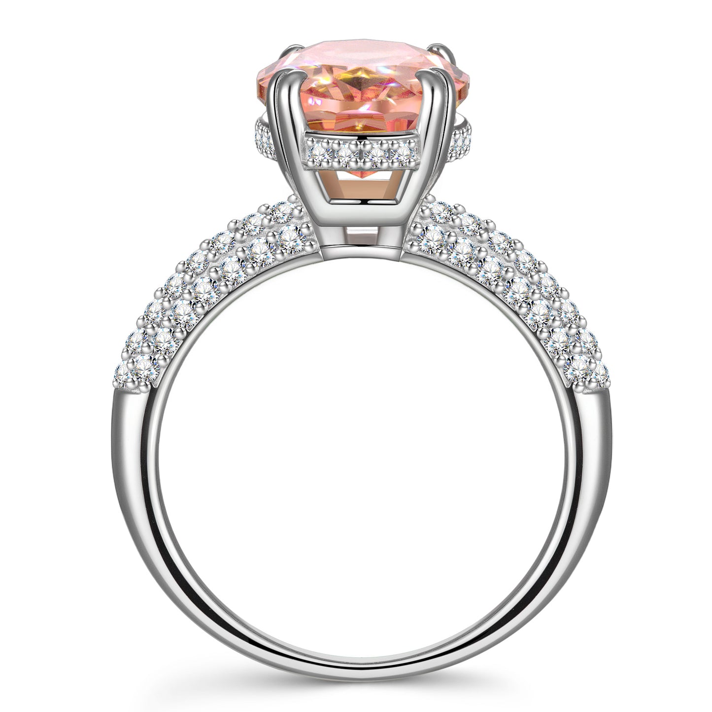 9*11mm Oval Modified Brilliant Cut Padparadscha Sunset Glow Ice-Frosted Sparkle Lab Zircon - Pave Classic Engagement Ring White Gold Plated