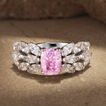 6*8mm Cushion Modified Brilliant Cut Fancy Vivid Pink Ice-Frosted Sparkle Lab Zircon - Pave Classic Engagement Ring White Gold Plated