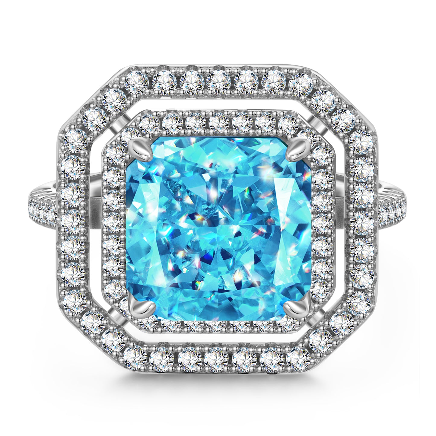 10*10mm Radiant Modified Brilliant Cut Fancy Vivid Blue Ice-Frosted Sparkle Lab Zircon - Halo Classic Engagement Ring White Gold Plated
