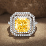 10*10mm Radiant Modified Brilliant Cut Fancy Vivid Yellow Ice-Frosted Sparkle Lab Zircon - Halo Classic Engagement Ring White Gold Plated