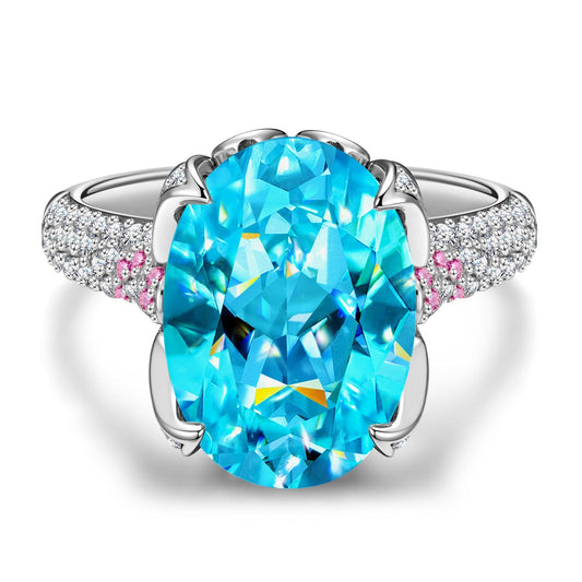 gona- 14*10mm Oval Modified Brilliant Cut Fancy Vivid Blue Ice-Frosted Sparkle Lab Zircon - Pave Classic Engagement Ring White Gold Plated