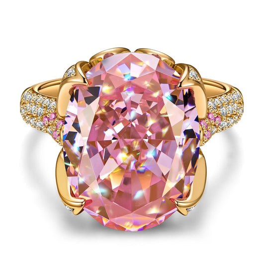 gon- 16*12mm Oval Modified Brilliant Cut Fancy Vivid Pink Ice-Frosted Sparkle Lab Zircon - Pave Classic Engagement Ring 14K Yellow Gold Plated