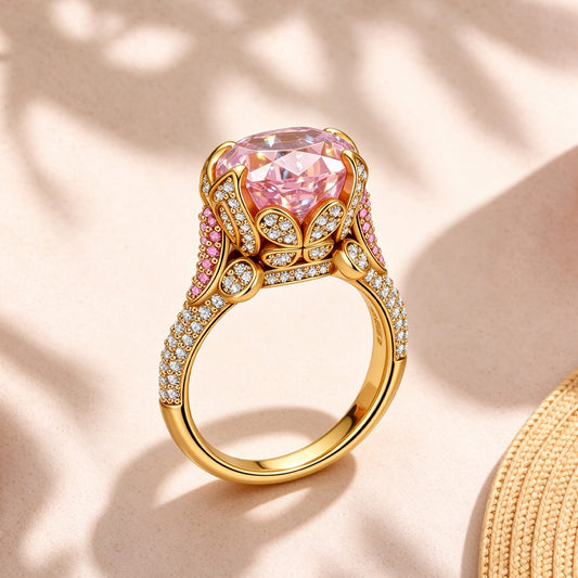 gona- 16*12mm Oval Modified Brilliant Cut Fancy Vivid Pink Ice-Frosted Sparkle Lab Zircon - Pave Classic Engagement Ring 14K Yellow Gold Plated