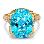 16*12mm Oval Modified Brilliant Cut Fancy Vivid Blue Ice-Frosted Sparkle Lab Zircon - Pave Classic Engagement Ring 14K Yellow Gold Plated
