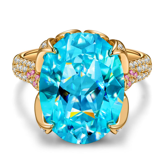 gona- 16*12mm Oval Modified Brilliant Cut Fancy Vivid Blue Ice-Frosted Sparkle Lab Zircon - Pave Classic Engagement Ring 14K Yellow Gold Plated