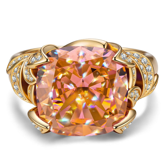 gon- 12*12mm Cushion Modified Brilliant Cut Padparadscha Sunset Glow Ice-Frosted Sparkle Lab Zircon - Pave Classic Engagement Ring 14K Yellow Gold Plated