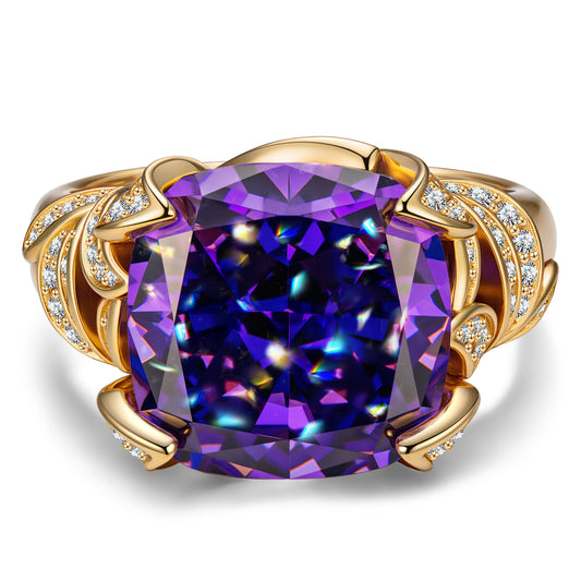 gon- 12*12mm Cushion Modified Brilliant Cut Fancy Vivid Violet Hue Ice-Frosted Sparkle Lab Zircon - Pave Classic Engagement Ring 14K Yellow Gold Plated