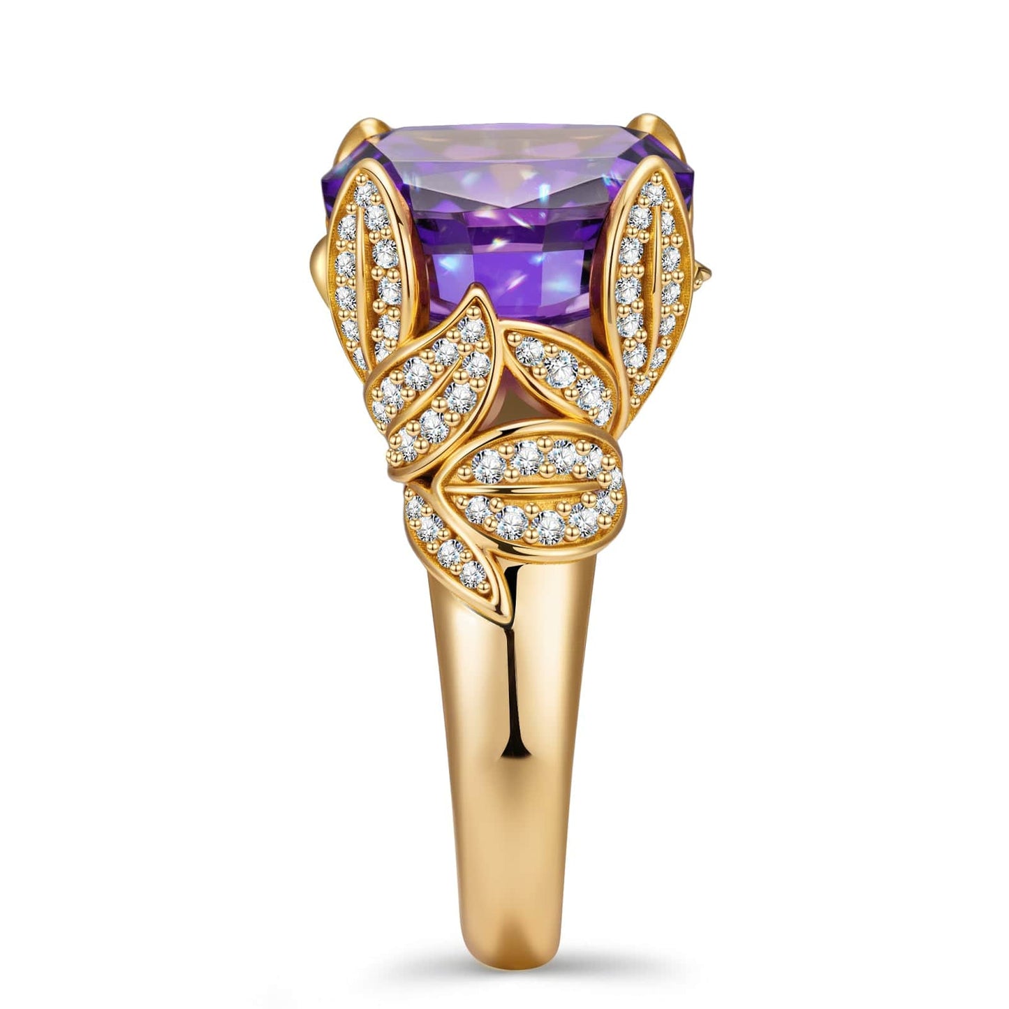 12*12mm Cushion Modified Brilliant Cut Fancy Vivid Violet Hue Ice-Frosted Sparkle Lab Zircon - Pave Classic Engagement Ring 14K Yellow Gold Plated