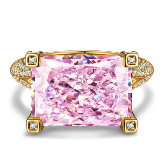 gona- 14*10mm Radiant Modified Brilliant Cut Fancy Vivid Pink Ice-Frosted Sparkle Lab Zircon - Pave Classic Engagement Ring 14K Yellow Gold Plated