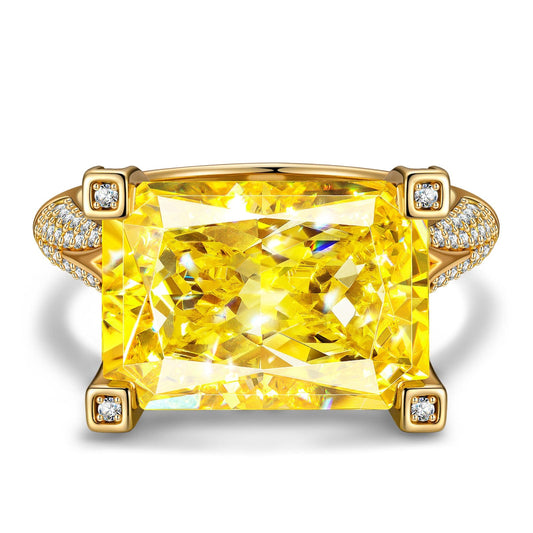 gon- 14*10mm Radiant Modified Brilliant Cut Fancy Vivid Yellow Ice-Frosted Sparkle Lab Zircon - Pave Classic Engagement Ring 14K Yellow Gold Plated