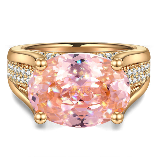 gon- 14*10mm Oval Modified Brilliant Cut Padparadscha Sunset Glow Ice-Frosted Sparkle Lab Zircon - Pave Classic Engagement Ring 14K Yellow Gold Plated