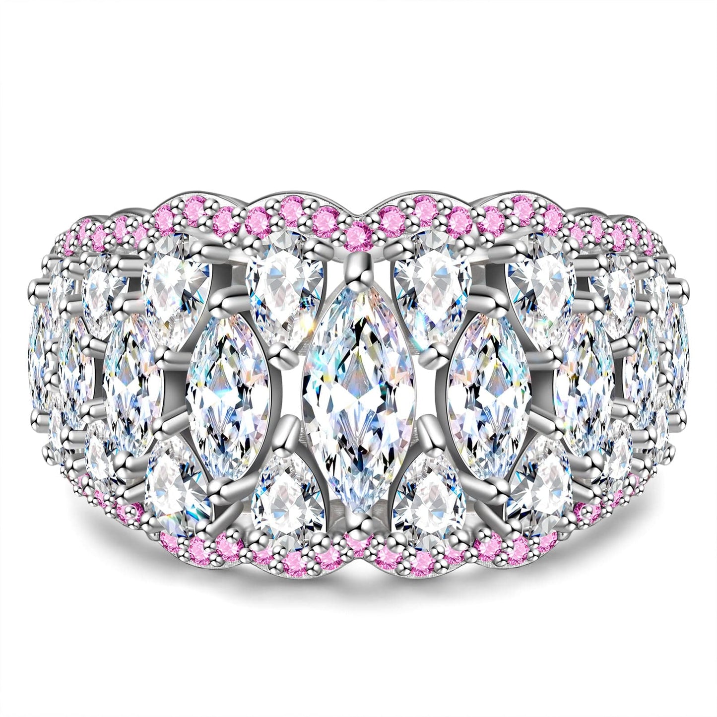 4*8mm Marquise Brilliant Cut Lab Zircon - Pave Classic Engagement Ring White Gold Plated