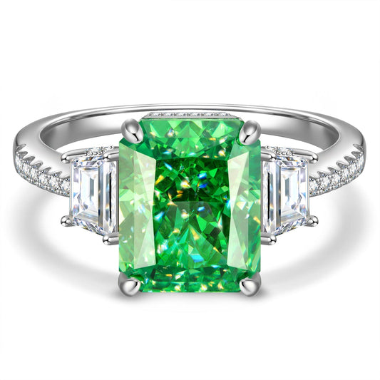 gona- 8*10mm Radiant Modified Brilliant Cut Vivid Colombian Green Ice-Frosted Sparkle Lab Zircon - Three Stone Classic Engagement Ring White Gold Plated