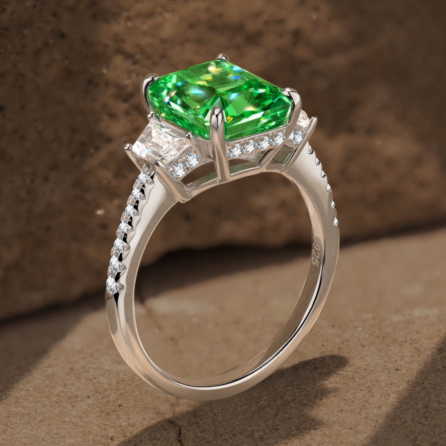 8*10mm Radiant Modified Brilliant Cut Vivid Colombian Green Ice-Frosted Sparkle Lab Zircon - Three Stone Classic Engagement Ring White Gold Plated
