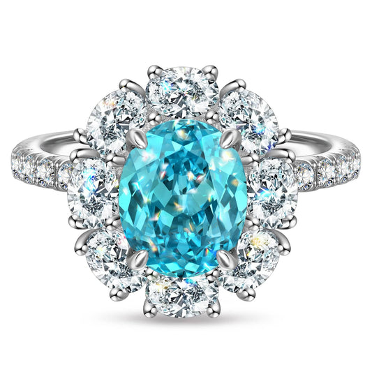 gon- 7*9mm Oval Modified Brilliant Cut Fancy Vivid Blue Ice-Frosted Sparkle Lab Zircon - Halo Classic Engagement Ring White Gold Plated