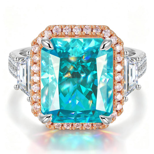 gon- 12*10mm Radiant Modified Brilliant Cut Fancy Vivid Blue Ice-Frosted Sparkle Lab Zircon - Pave Classic Engagement Ring 14K Yellow Gold Plated