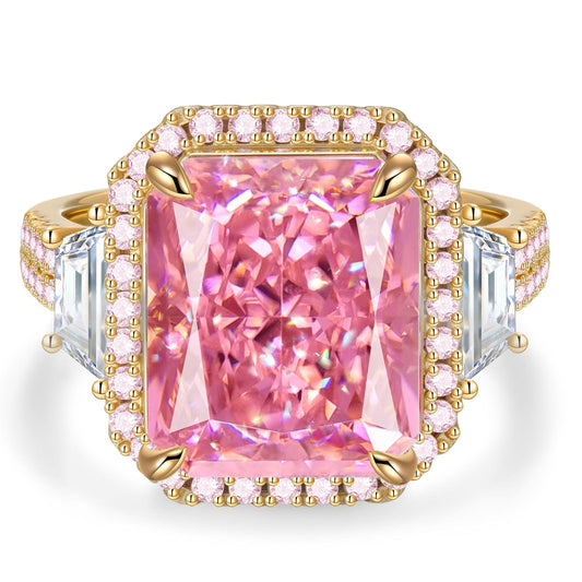 gona- 12*10mm Radiant Modified Brilliant Cut Padparadscha Sunset Glow Ice-Frosted Sparkle Lab Zircon - Pave Classic Engagement Ring 14K Yellow Gold Plated