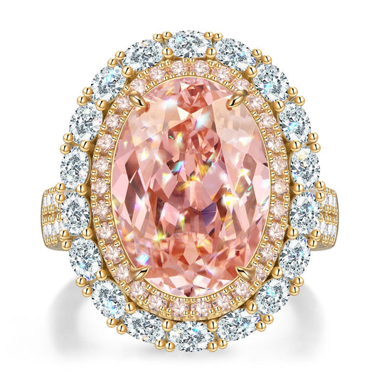 gona- 14*10mm Oval Modified Brilliant Cut Padparadscha Sunset Glow Ice-Frosted Sparkle Lab Zircon - Halo Classic Engagement Ring 14K Yellow Gold Plated