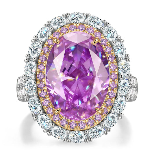 gona- 14*10mm Oval Modified Brilliant Cut Fancy Vivid Violet Hue Ice-Frosted Sparkle Lab Zircon - Halo Classic Engagement Ring Two-Tone Plating