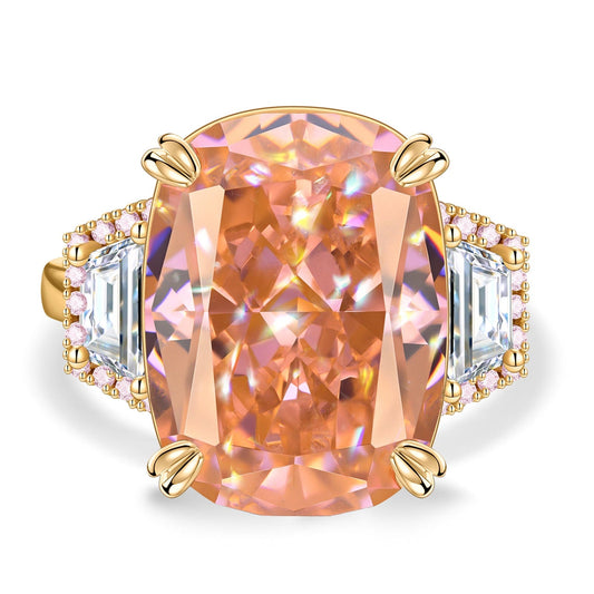 gona- 16*12mm Cushion Modified Brilliant Cut Padparadscha Sunset Glow Ice-Frosted Sparkle Lab Zircon - Three Stone Classic Engagement Ring 14K Yellow Gold Plated