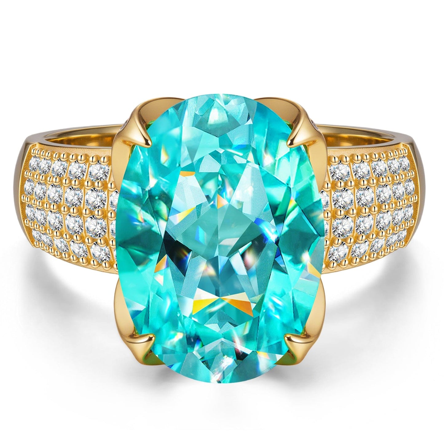14*10mm Oval Modified Brilliant Cut Fancy Vivid Blue Ice-Frosted Sparkle Lab Zircon - Pave Classic Engagement Ring 14K Yellow Gold Plated