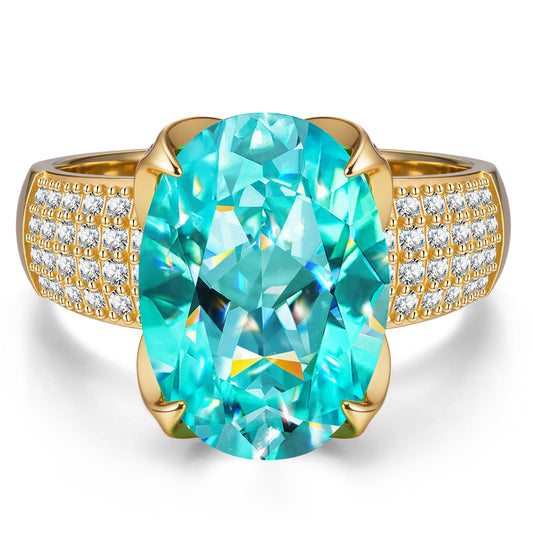 gona- 14*10mm Oval Modified Brilliant Cut Fancy Vivid Blue Ice-Frosted Sparkle Lab Zircon - Pave Classic Engagement Ring 14K Yellow Gold Plated