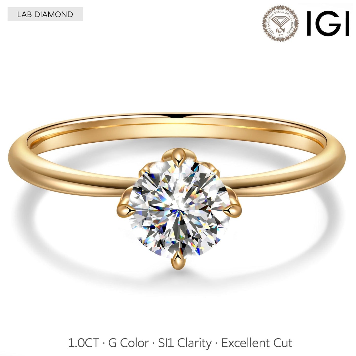 IGI Certified Lab-Grown Round Brilliant Cut Diamond - Hidden Halo Classic Engagement Ring 14K Yellow Gold Plated (Includes IGI Certification from International Gemological Institute)