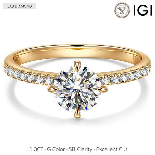 gona- IGI Certified Lab-Grown Round Brilliant Cut Diamond - Hidden Halo Classic Engagement Ring 14K Yellow Gold Plated (Includes IGI Certification from International Gemological Institute)