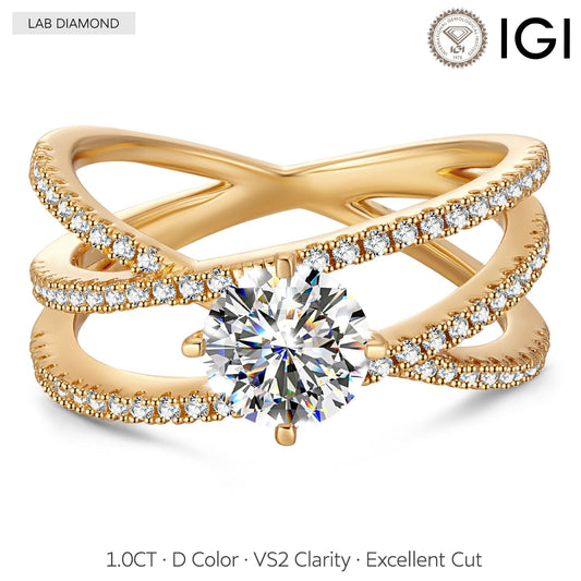 gona- IGI Certified Lab-Grown Round Brilliant Cut Diamond - Pave Classic Engagement Ring 14K Yellow Gold Plated (Includes IGI Certification from International Gemological Institute)