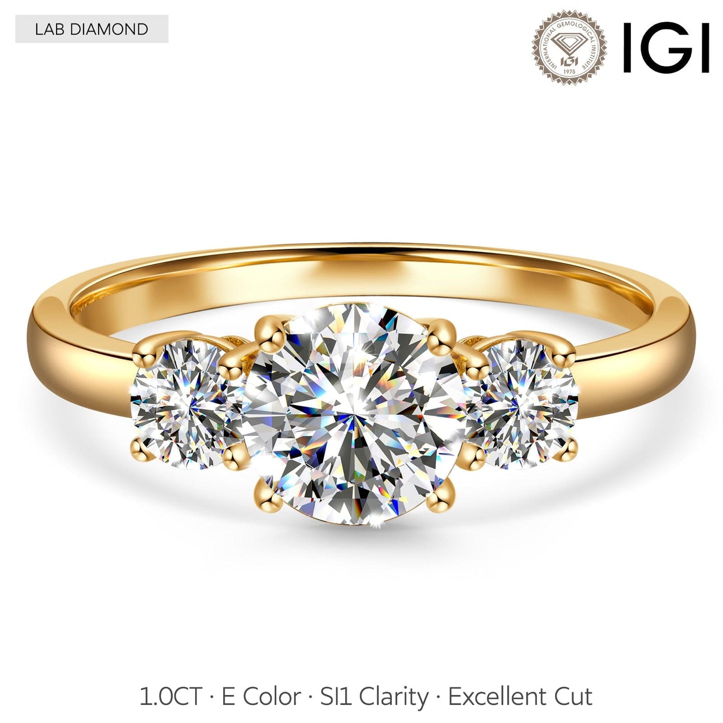 IGI Certified Lab-Grown Round Brilliant Cut Diamond - Three Stone Classic Engagement Ring 14K Yellow Gold Plated (Includes IGI Certification from International Gemological Institute)
