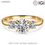 IGI Certified Lab-Grown Round Brilliant Cut Diamond - Three Stone Classic Engagement Ring 14K Yellow Gold Plated (Includes IGI Certification from International Gemological Institute)