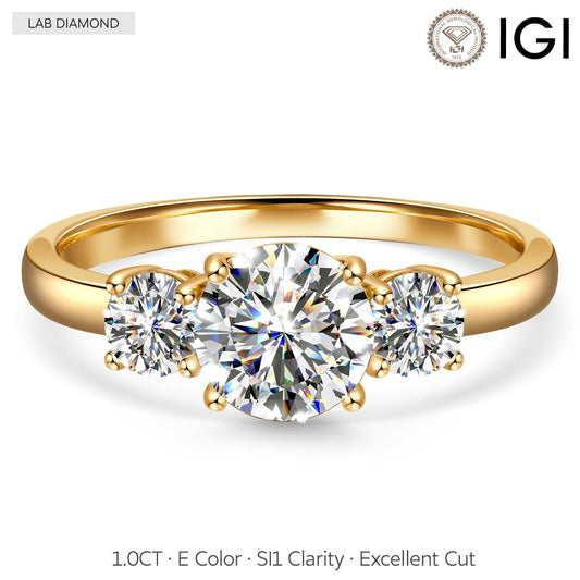 gona- IGI Certified Lab-Grown Round Brilliant Cut Diamond - Three Stone Classic Engagement Ring 14K Yellow Gold Plated (Includes IGI Certification from International Gemological Institute)
